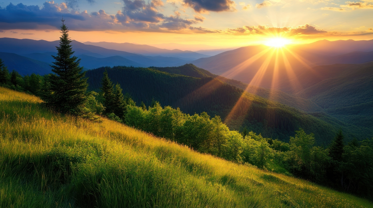 Mountain landscape with sunrise and grassy field.